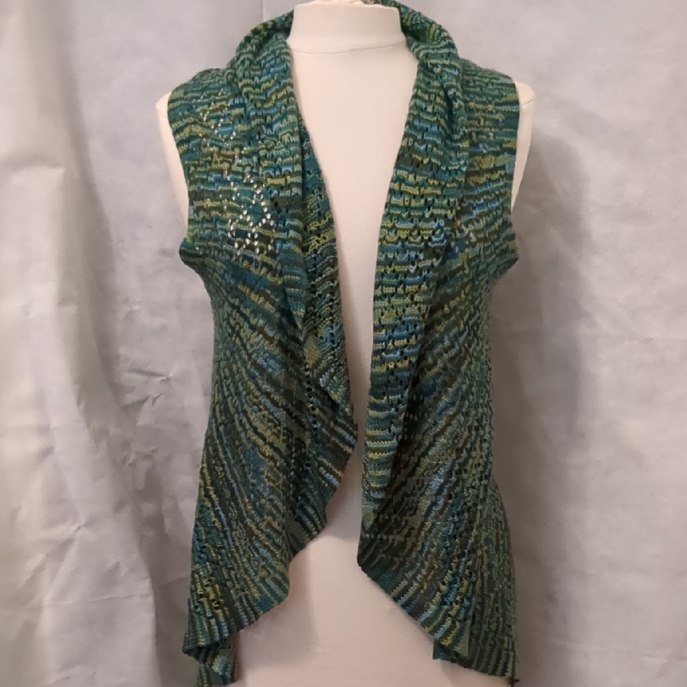 Funky Quirky Green and Blue Knit Open Front Crochet Knit Vest